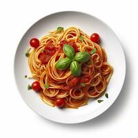 Delicious Plate of Spaghetti with Tomato Sauce on a White Background Generative AI photo