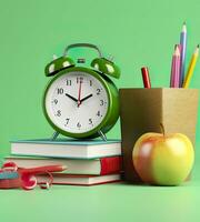 popular Arte ilustración de colegio accesorios con manzanas, libros, y un alarma reloj en el colegio antecedentes. espalda a colegio concepto. 3d representación, ai generativo foto