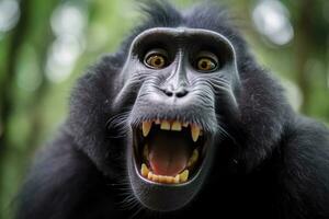 Celebes crested macaque with open mouth. Close up on the green natural background. Generative AI photo