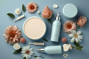 Fresh floral skincare concept. Top view flat lay of pump bottle, pipette, cream bottles, and tubes with flowers on pastel blue background with an empty circle for text or branding. AI Generative photo