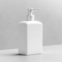 Cosmetic rounded all white soap bottle mockup on white table. AI Generative photo