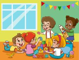 cute little kids playing with toys in preschool classroom vector