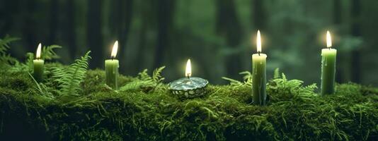 Burning candles on moss, dark green blurred the natural background. Magic candle. Generative AI photo