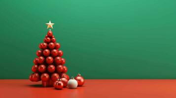 Festive Christmas Decorations and Tree. Minimalist Red Background, Joyful Holiday Atmosphere photo