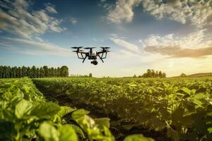 Drone monitoring crops and smart agriculture in a digital farming.  AI Generative photo