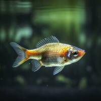 Beautifully colored goldfish swim in the clear aquarium water. 3d animation swimming goldfish.  AI Generative photo