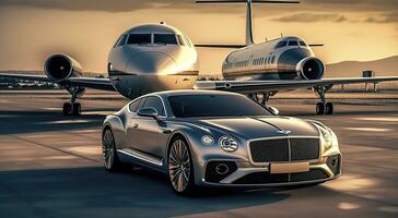 Super car and private jet on landing strip. Business class service at the airport. Business class transfer. Airport shuttle, AI Generative photo