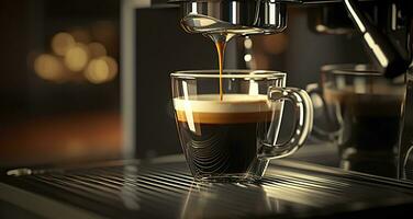 A professional coffee machine preparing an espresso coffee in a glass cup,  AI Generative photo