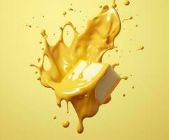 Cheese sauce splashing in the air with cheddar cheese, 3d rendering. Generative AI photo