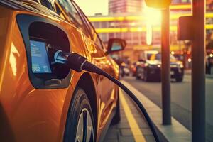 Close up photo of an electrical car charging at a gas station. Generative AI