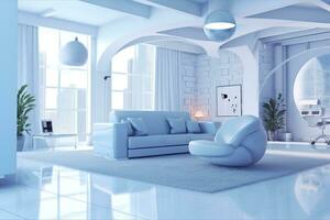 A professional and eye catching light blue with white living room in the metaverse, futuristic, AI Generative photo