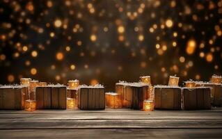 Christmas bokeh background, wooden background with bokeh, glitter stars, rustic wood, and Backdrop for product presentation. AI Generative photo
