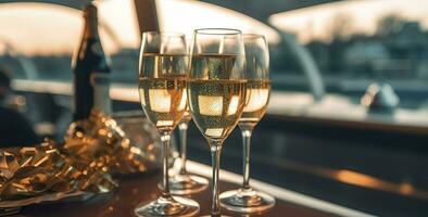 Luxury evening party on a cruising yacht with a champagne setting. Champagne glasses and bottles with champagne with bokeh yacht in the background, nobody. AI Generative photo