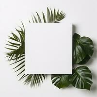 Frame with leaves.  Summer tropical leaves and blank frame with copy space on white background. Generative AI photo