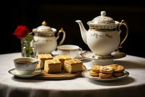 Classical served tea table with biscuits. Generative AI photo