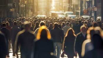 Crowd of people walking busy city street backlit. Generative AI photo