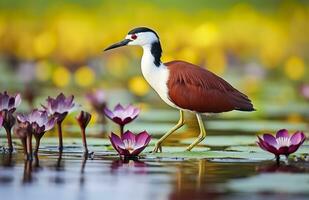 Colorful African wader with long toes next to violet water lily in water. Generative AI photo