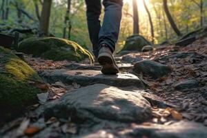 Close up a person's feet walking on rocks, Walking on a trail in the woods, Travel Concept. AI Generative photo