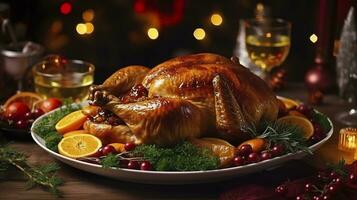 Juicy and tasty roast turkey on a plate with Christmas decorations. Roasted chicken with vegetables, Roast chicken party, all kinds of food, beer. AI Generative photo