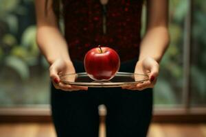 Unidentified female measures weight, balancing an apple, promoting wellness and self care AI Generated photo