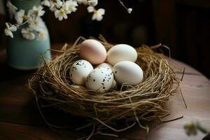 huevos artísticamente arreglado dentro un nido, adornando un rústico mesa monitor ai generado foto