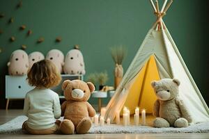 Endearing rear view of a baby with their beloved teddy bear indoors AI Generated photo