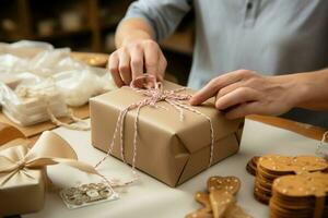 Delicate wrapping  Close up reveals confectioner's hands carefully adorning cardboard box with finesse. AI Generated photo