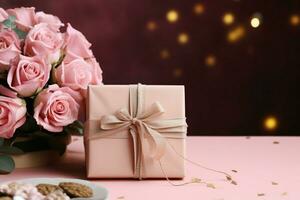 Pink table hosts Mother's Day Rose, kraft gift box in chic arrangement. AI Generated photo