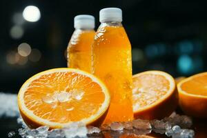 recién cortar naranja y un rebanada, adornado con un Relajado hielo cubo ai generado foto