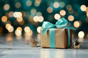 Merry delight Christmas gift box stands out on turquoise bokeh background. AI Generated photo