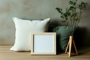 Minimalist elegance Empty frame rests on plush pillow, a tranquil visual AI Generated photo