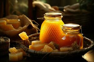 Candlelit backdrop highlights a basket overflowing with sweet honey jars AI Generated photo