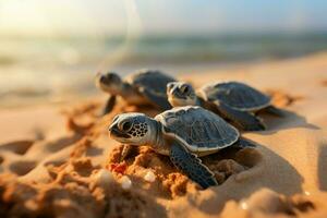 Coastal marvel Seaside hatching unveils baby turtles as they start oceanic exploration. AI Generated photo