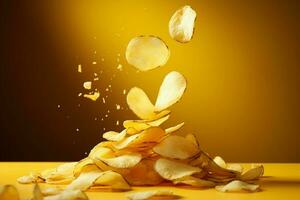 Fast food magic Potato chips levitate against yellow backdrop, an enchanting culinary process AI Generated photo