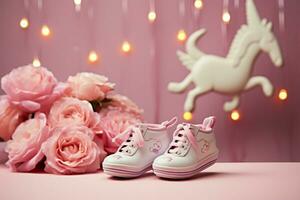 adorable rosado bebé niña Zapatos y un unicornio en un suave pastel fondo ai generado foto