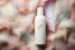 Branding mockup for spa cream bottle on a feathered background flat lay AI Generated photo