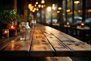 Aged wooden table platform amid caf blur versatile space for product display compositions AI Generated photo