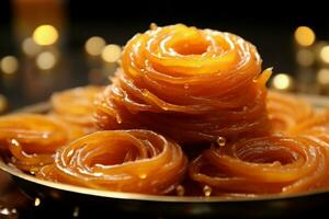 dorado espirales tradicional jalebí, un crujiente y dulce indio deleite ai generado foto