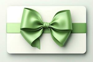 aislado regalo tarjeta, adornado con verde cinta arco. crujiente blanco antecedentes. ai generado foto