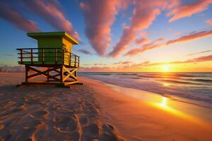 vistoso amanecer Salvavidas torre, sur playa orilla, y azur cielo pintar miami belleza ai generado foto