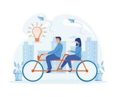 Creative Idea Teamwork Concept. Business Team Riding Tandem Bicycle, Cooperation Leadership. flat vector modern illustration