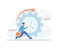 Time management, control. Businessman run along gear in form of clock. Organization of process. flat vector modern illustration