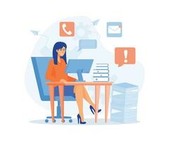 Stress in the office, Tired young woman working on her laptop among piles of papers and documents. flat vector modern illustration
