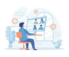 Video conference. People group on computer screen taking with colleague. Video conferencing and online communication, flat vector modern illustration