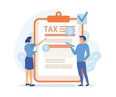 Taxation planning concept. Characters using tax calendar to filling tax declaration form online and with financial advice, flat vector modern illustration