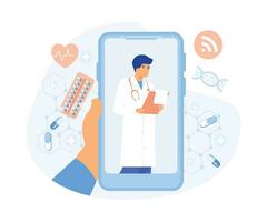 Online medicine and health care, doctor consultations and treatment using a smartphone, flat vector modern illustration