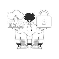 Man grasping logo of cloud storage linear style, to represent Internet of Things vector