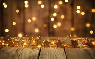 Christmas bokeh background, wooden background with bokeh, glitter stars, rustic wood, and Backdrop for product presentation. AI Generative photo