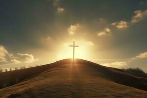 The cross of God in the rays of the sun. Cross on the hill. Religious concept. AI Generative photo
