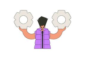 Stylish Guy holds gears in his hands. Idea theme. vector